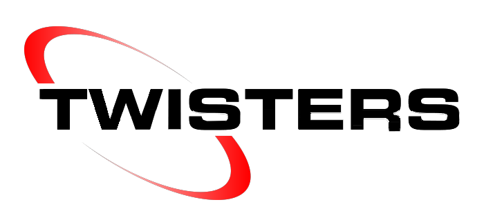 A black and red logo for twisters with a red swirl.