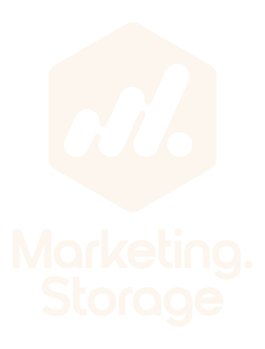 A white logo for a company called marketing storage.