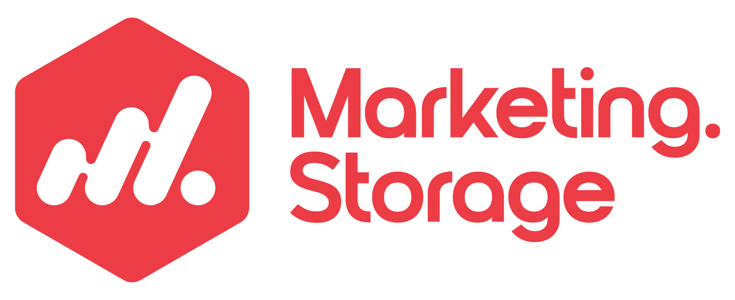 The logo for marketing storage is black and red.