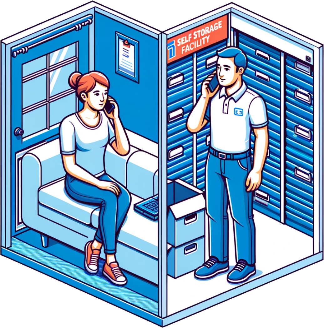 Split view of a woman at home calling a self storage facility manager