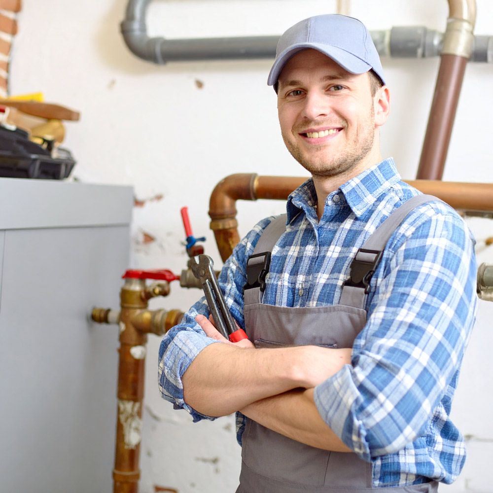 Smiling plumber, arms crossed, wearing blue plaid shirt, cap, and holding wrench near pipes.