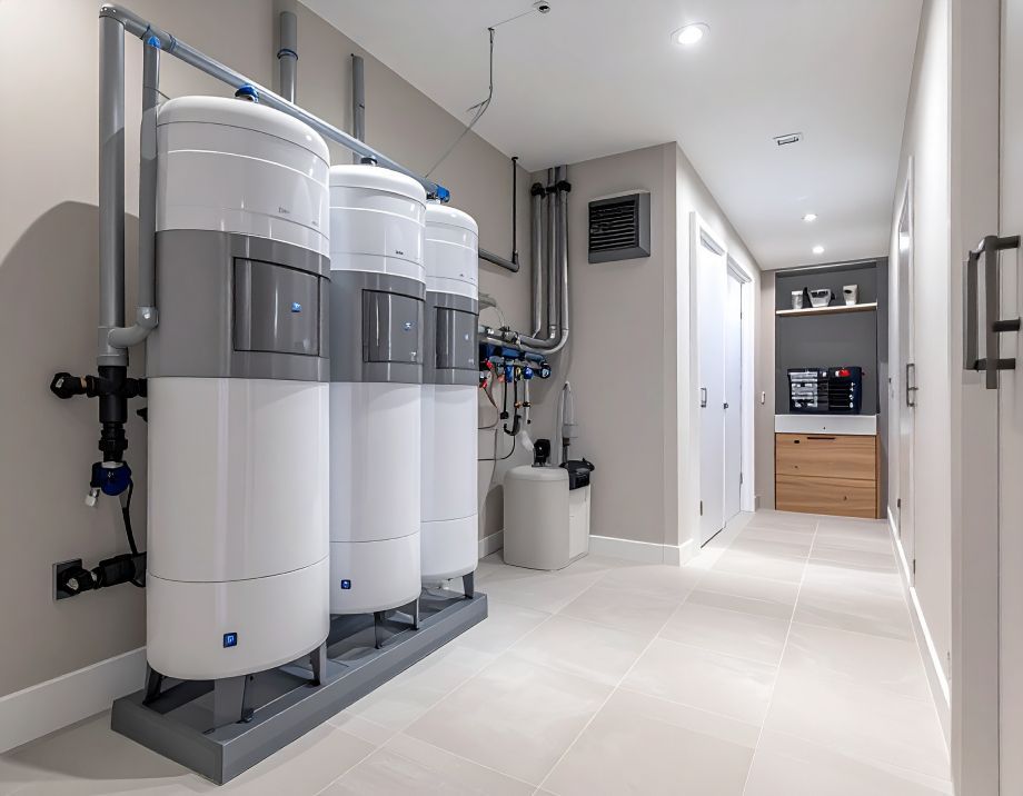 Water tanks in a utility room with piping, a hallway, and a small built-in shelf.