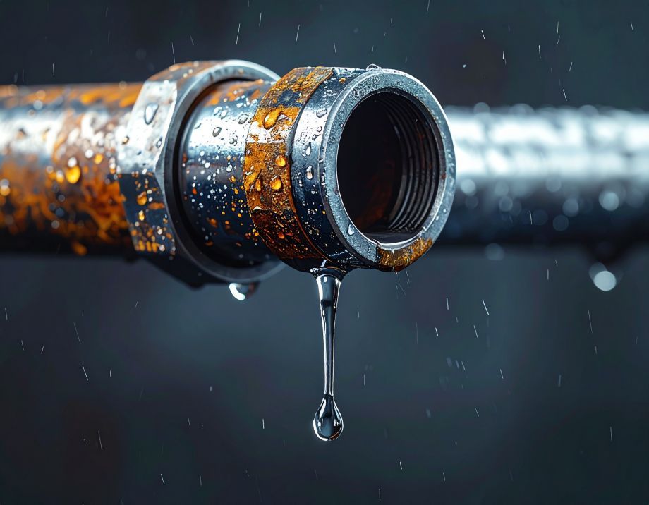 Rusty pipe with water droplets leaking.