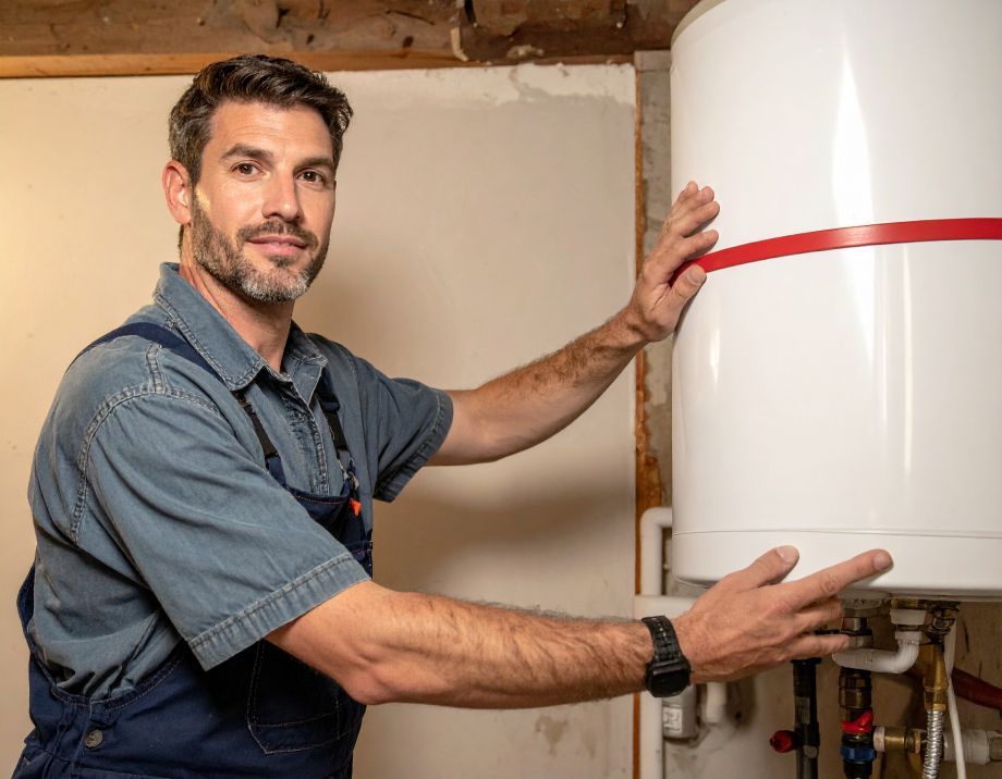 Two people in orange gloves installing a white water heater in a room with a window.