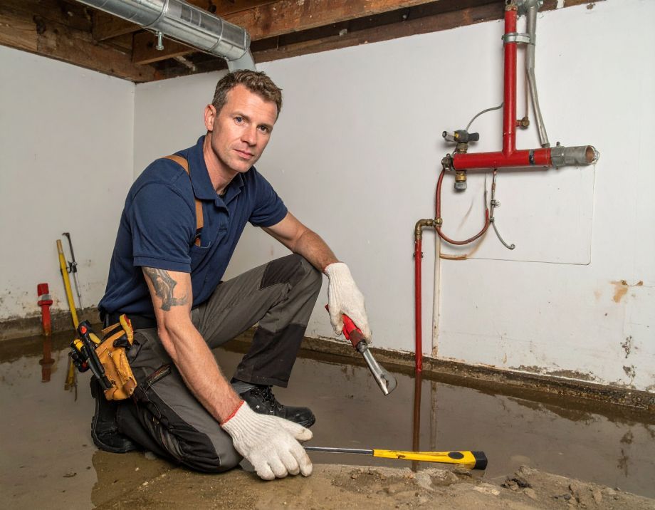 Plumber kneeling in flooded basement, holding tools, near pipes.