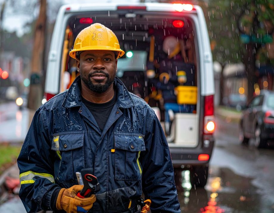 Man in yellow hard hat and blue work jacket holding tools, in front of a work van on a rainy street.