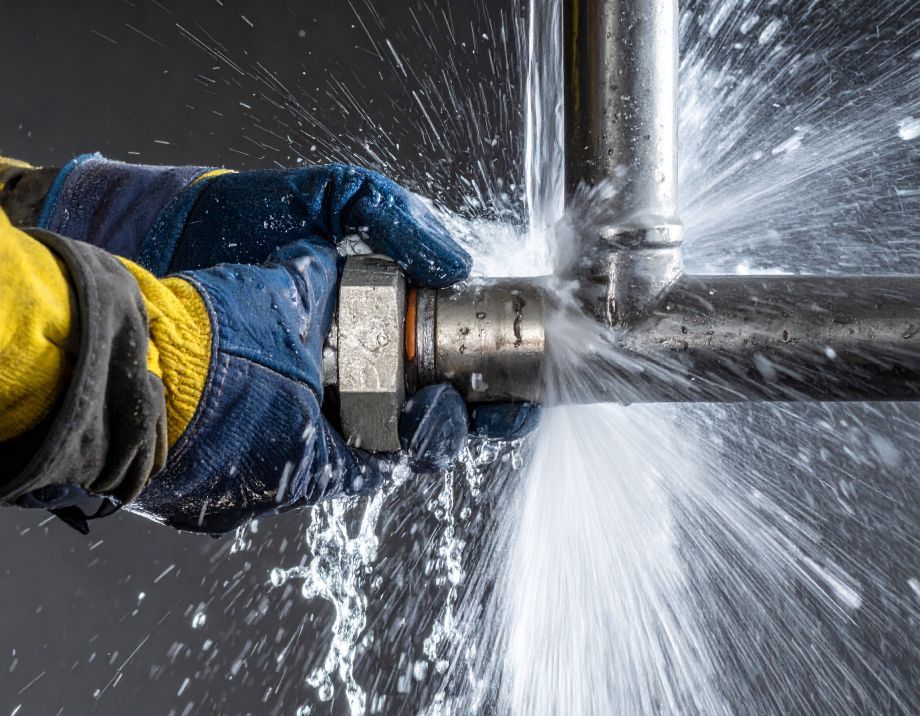Person in gloves attempting to fix a leaking metal pipe; water spraying outwards.
