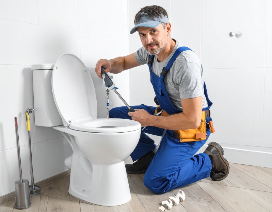 Plumber in blue overalls repairing a white toilet with a wrench in a bathroom.