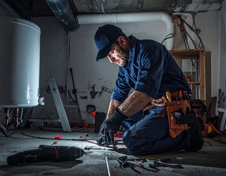 Plumber kneeling on floor working on wires in a basement; tool belt, water heater in background.