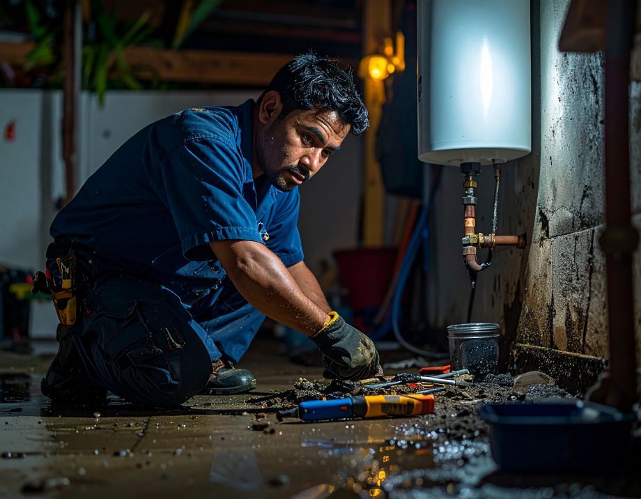 A plumber kneels beside a water heater, working on plumbing with tools.