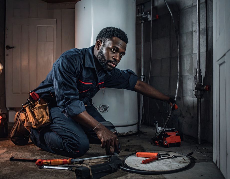Plumber kneeling, inspecting pipes near a water heater in a dimly lit basement.