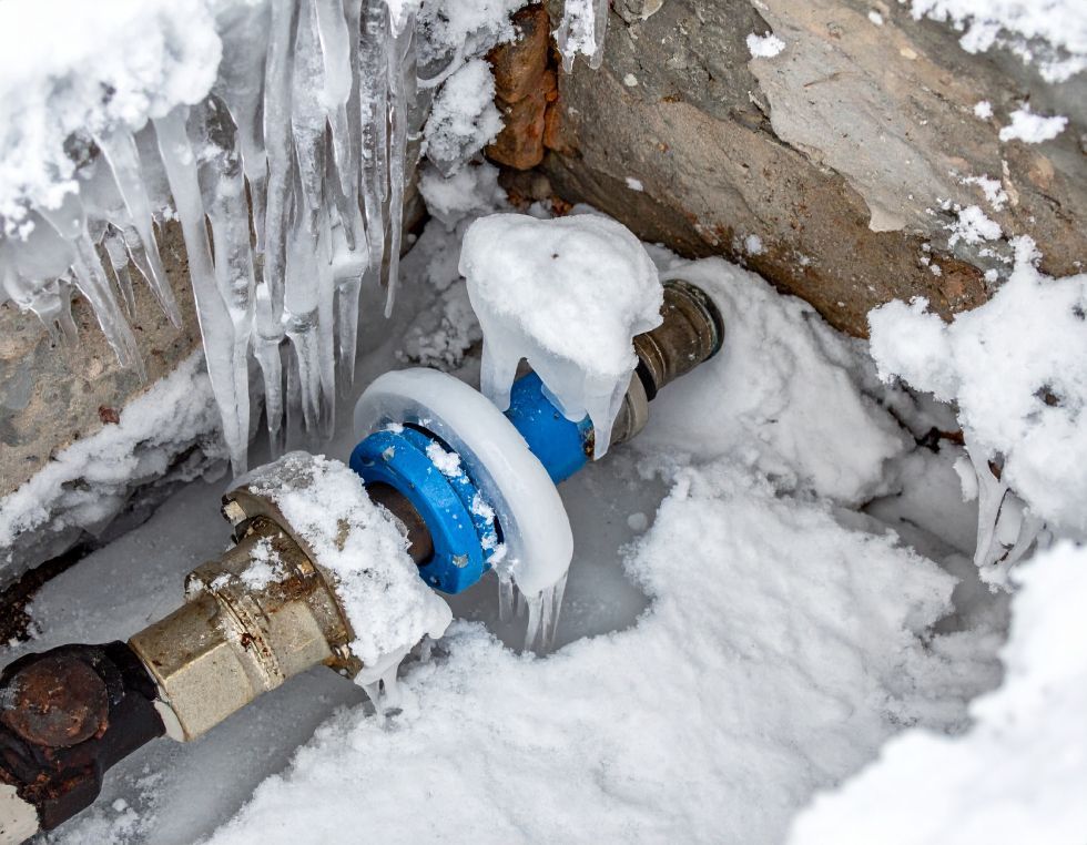 Snow and icicles cover a blue pipe connection in a stone alcove.
