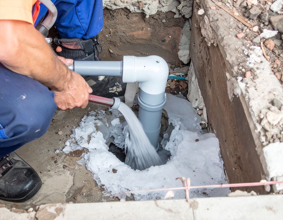 A plumber holding a hose, water gushing from a pipe in a hole, surrounded by debris.