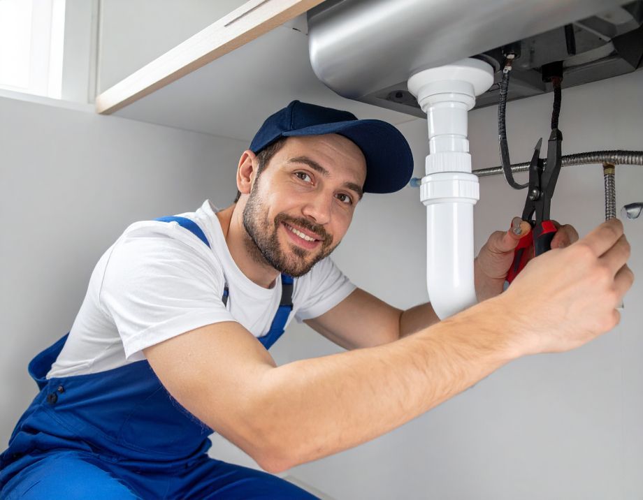 Plumber in blue overalls and cap smiles while working under a kitchen sink, using pliers.