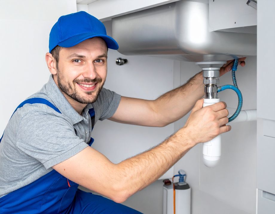 Plumber in blue uniform fixing a sink, smiling. Inside cabinet, white setting.