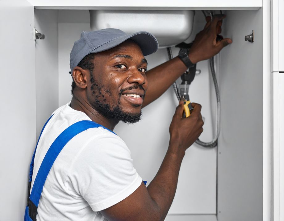 Plumber working under a sink, using pliers, smiling. Inside a cabinet, white walls.