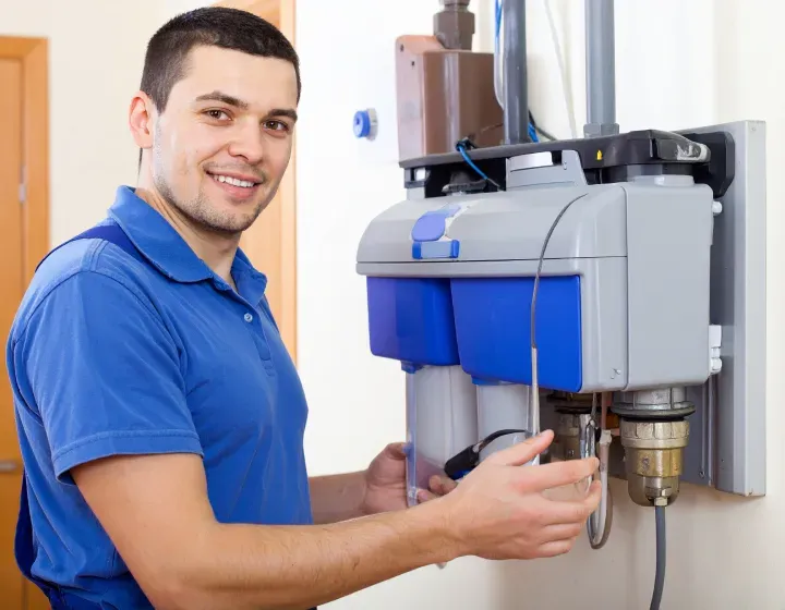 Man in blue uniform and cap installs a white water heater on a concrete wall.
