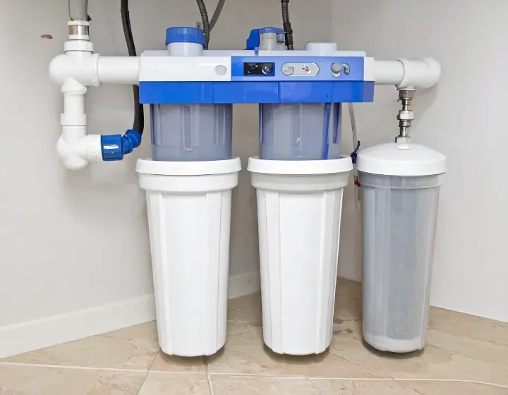 Man in blue uniform and cap installs a white water heater on a concrete wall.
