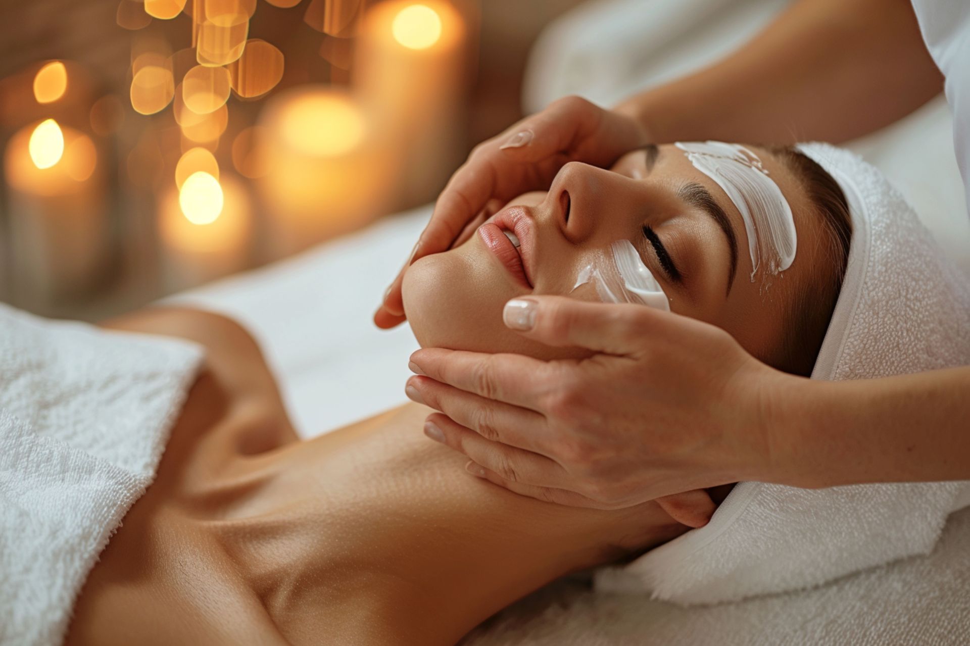 Woman receiving facial treatment; cream on face, hands massaging cheeks, candles in background.