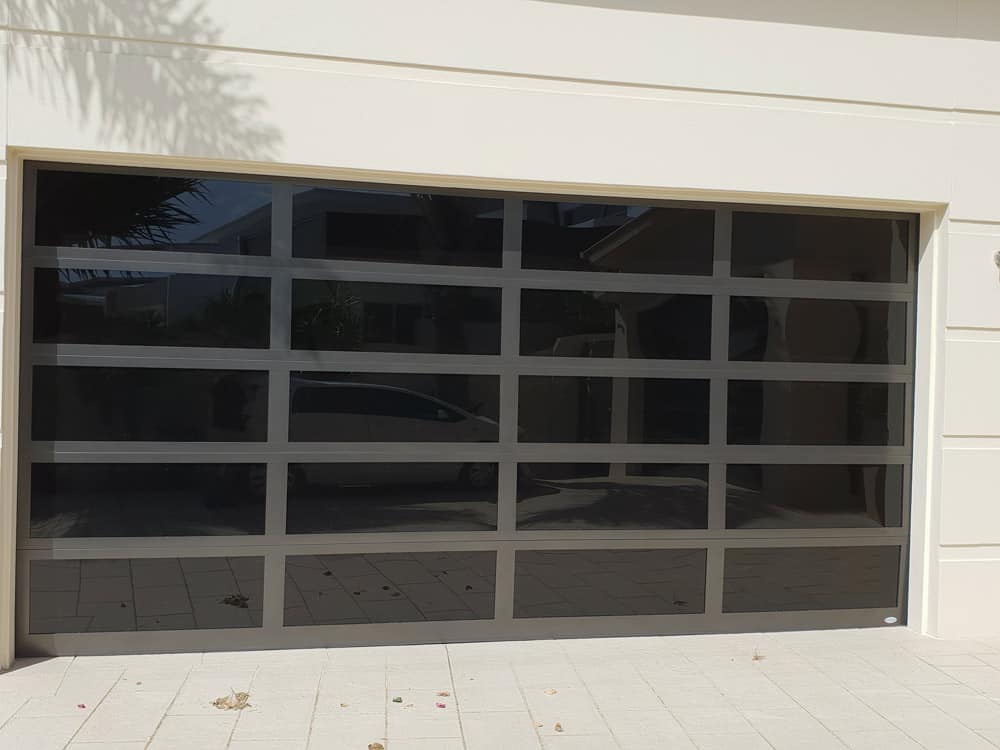 black garage door with paneling