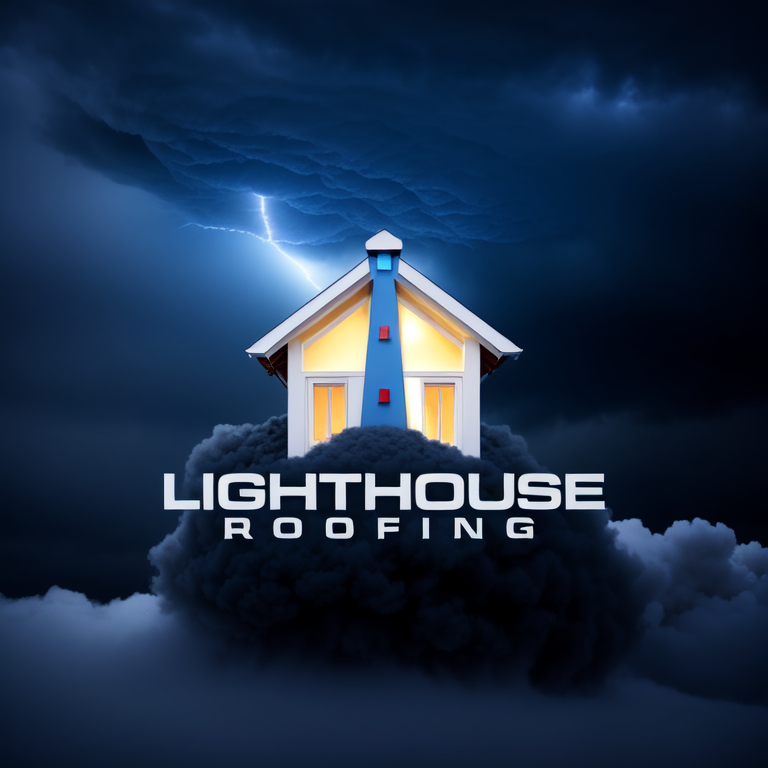 A logo for lighthouse roofing with a lighthouse on top of a cloud