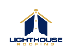 The logo for lighthouse roofing shows a lighthouse on top of a house.