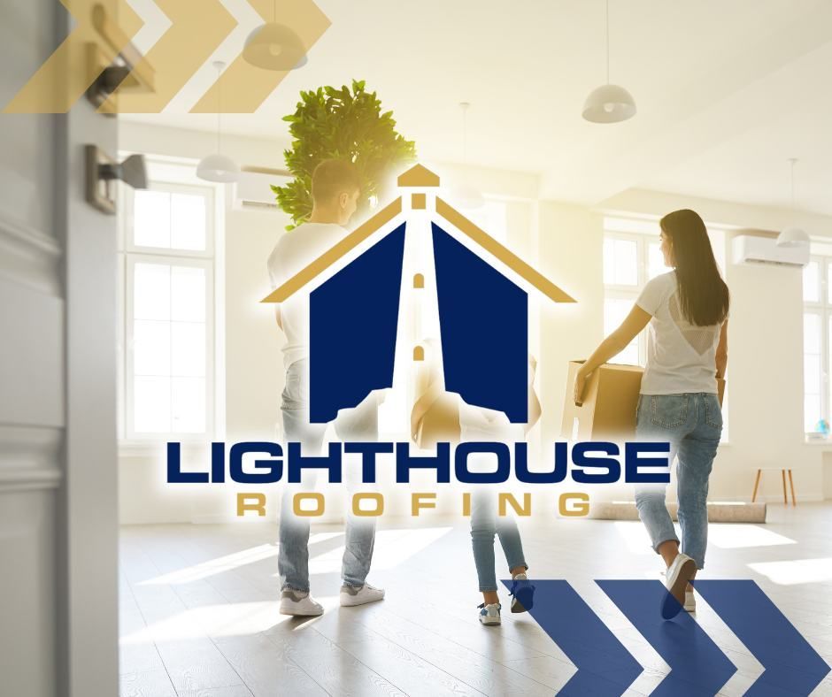 The logo for lighthouse roofing shows a lighthouse on the roof