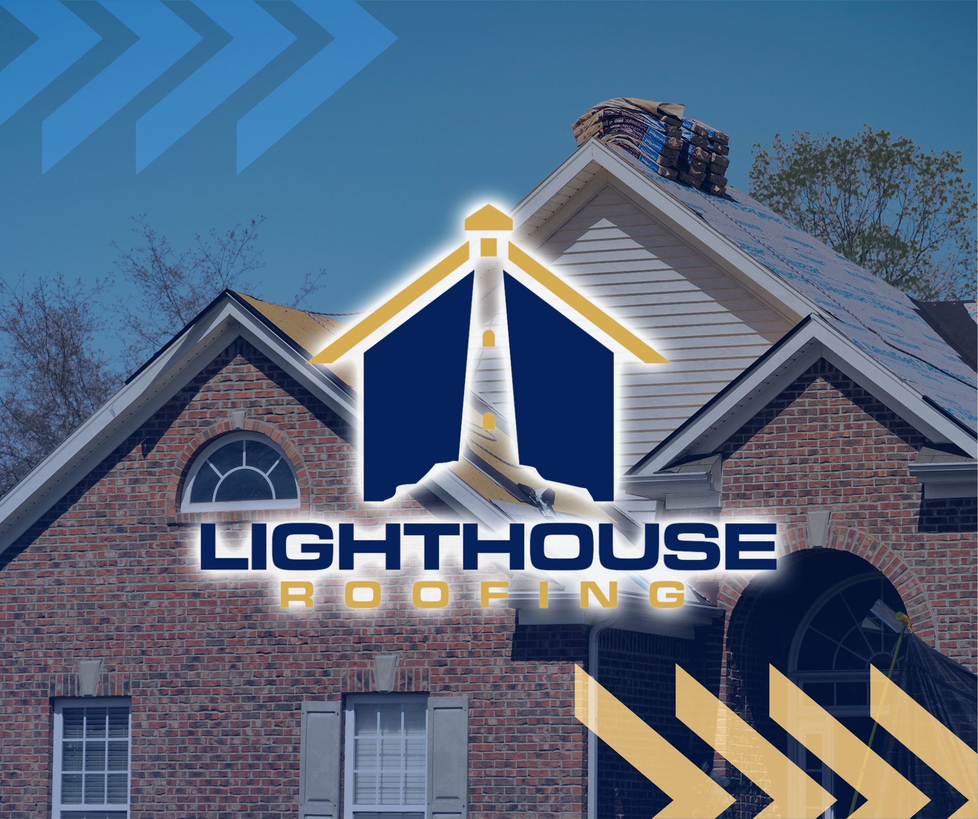 A brick house with a logo for lighthouse roofing