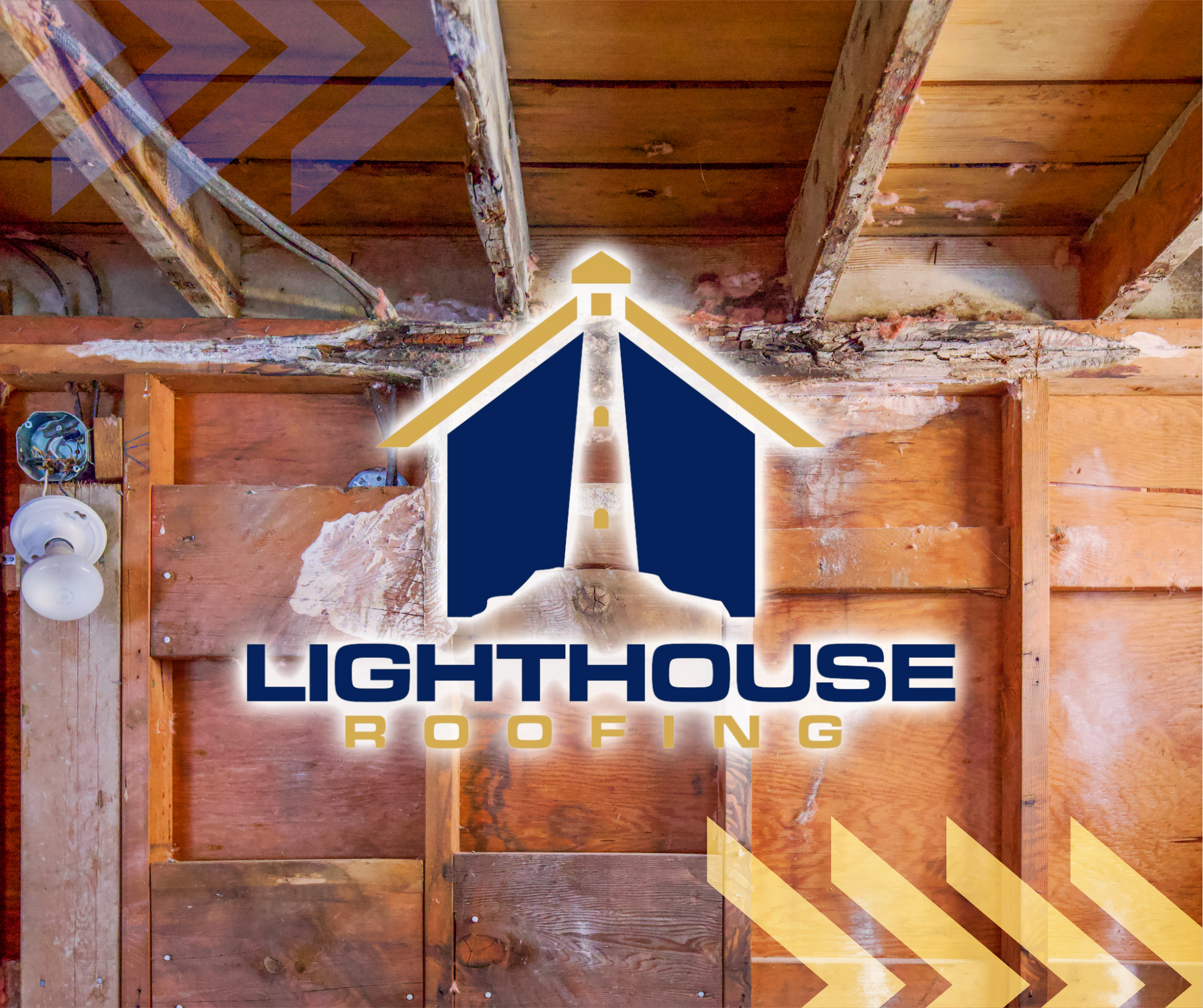 The logo for lighthouse roofing is on a wooden wall