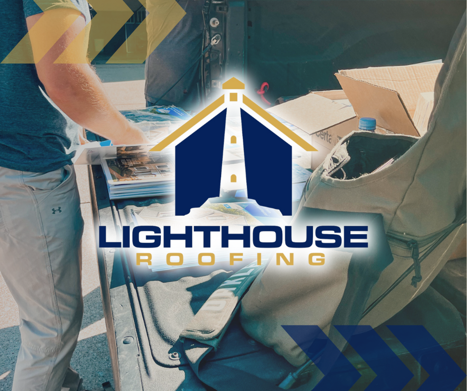 A lighthouse roofing logo with a man in the background