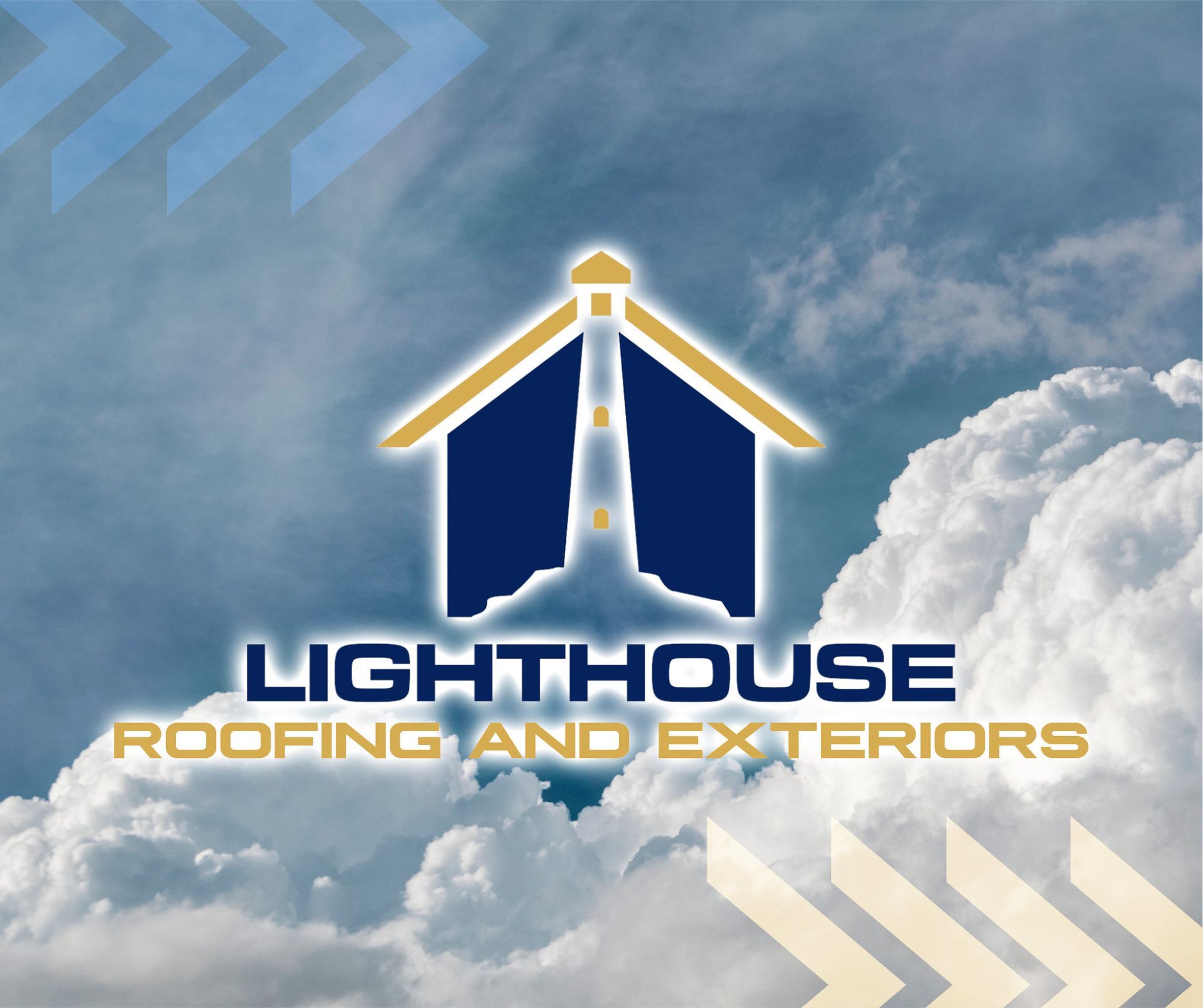 A logo for lighthouse roofing and exteriors against a cloudy sky