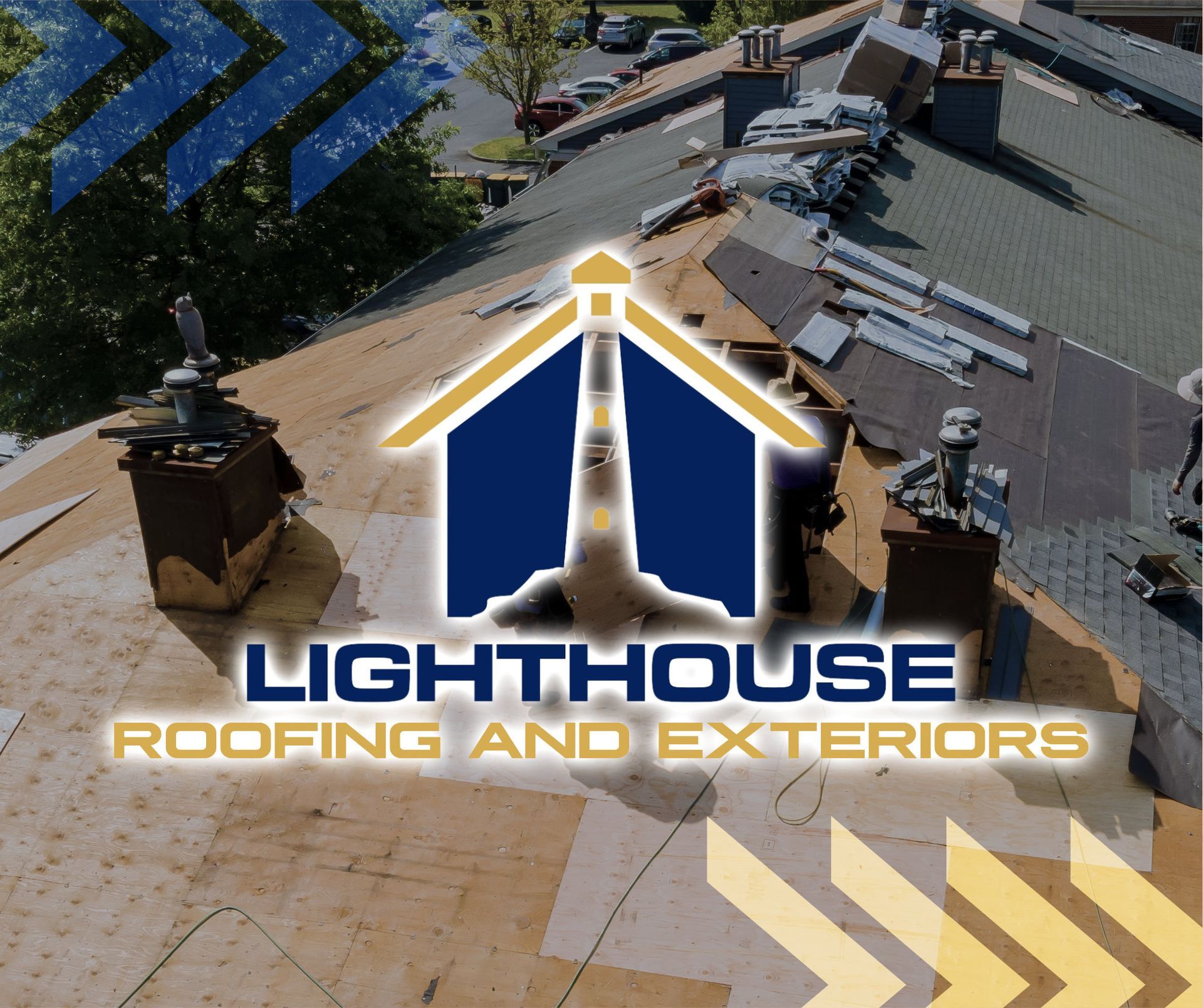 The logo for lighthouse roofing and exteriors is on a roof