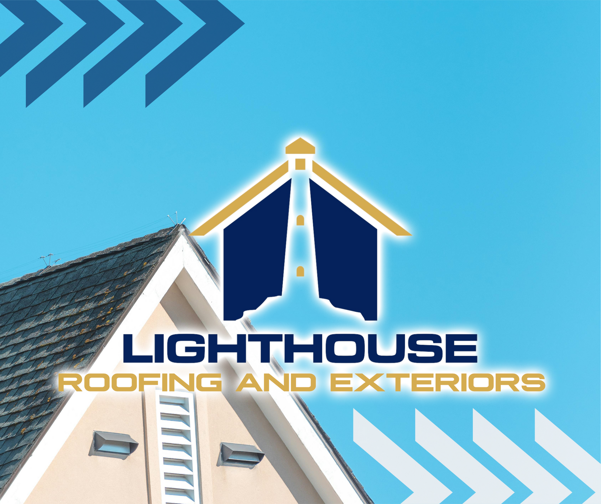 A logo for lighthouse roofing and exteriors with a blue sky in the background