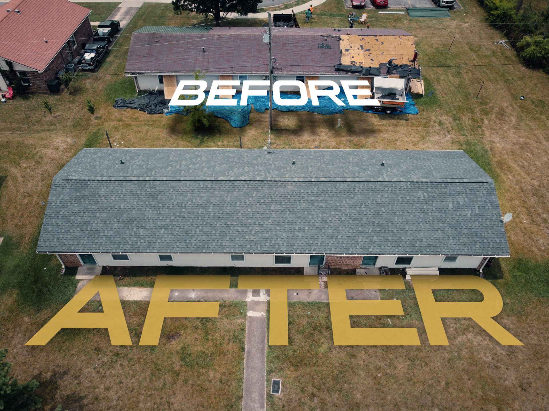 An aerial view of a house before and after a roof replacement.