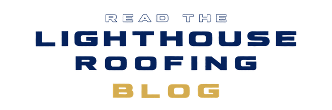 A blue and yellow sign that says read the lighthouse roofing blog