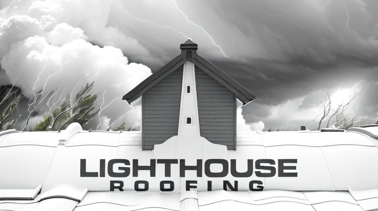 The logo for lighthouse roofing is shown in black and white