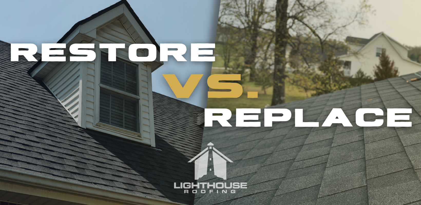 A picture of a house with the words restore vs. replace on it