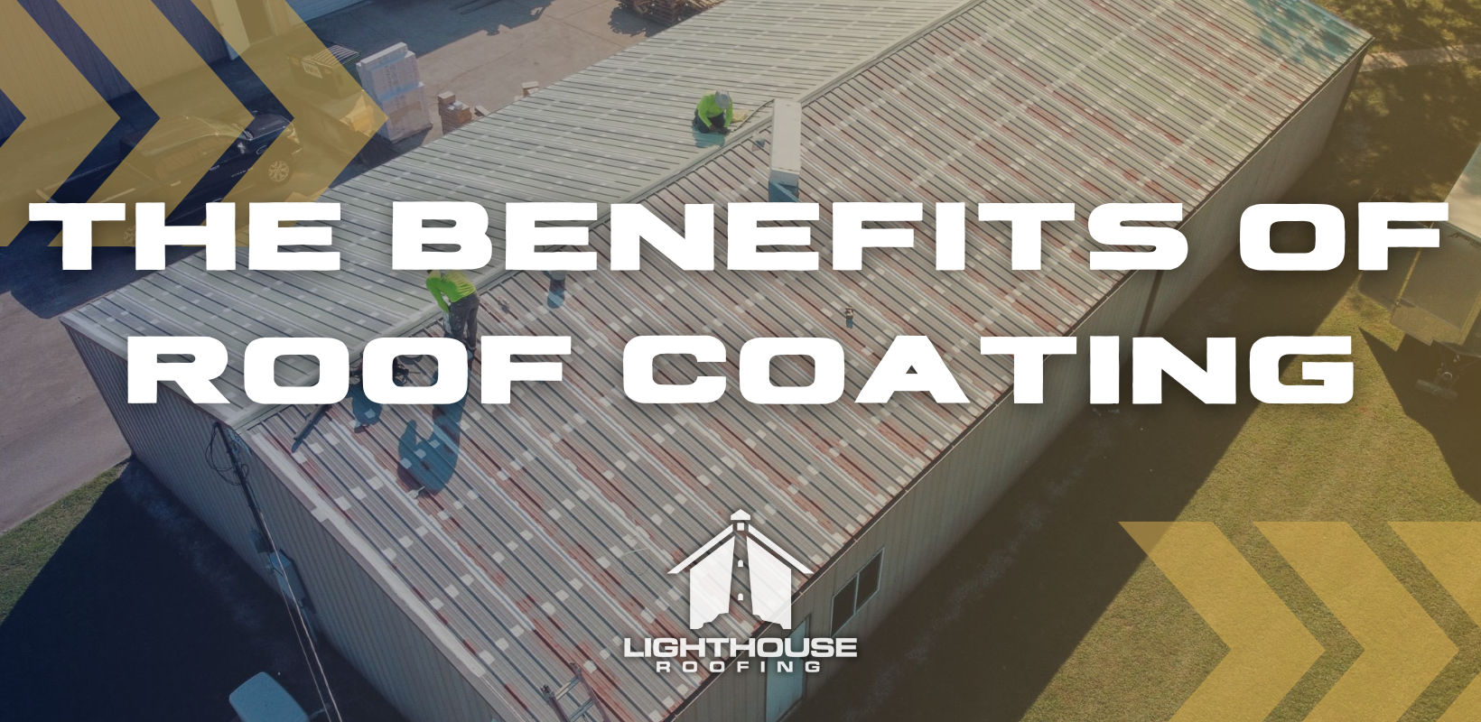 An aerial view of a roof with the words `` the benefits of roof coating '' written on it.