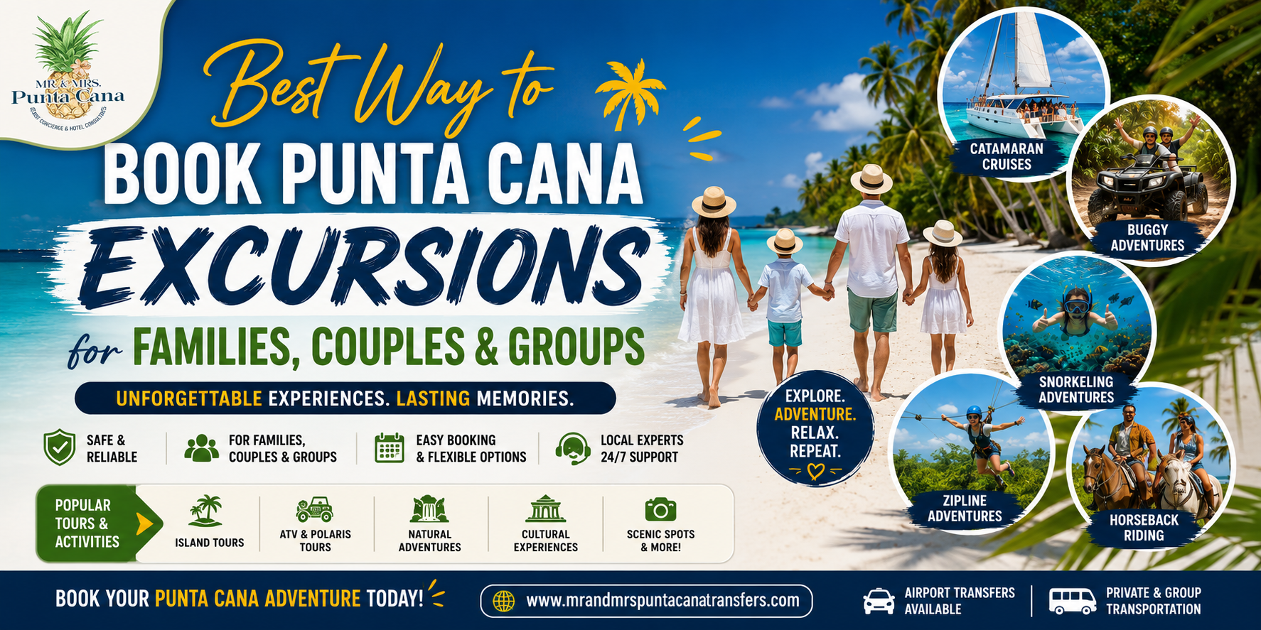 Punta Cana excursion ad with blue beach scenes, tour icons, and “Best way to book Punta Cana excursions” text