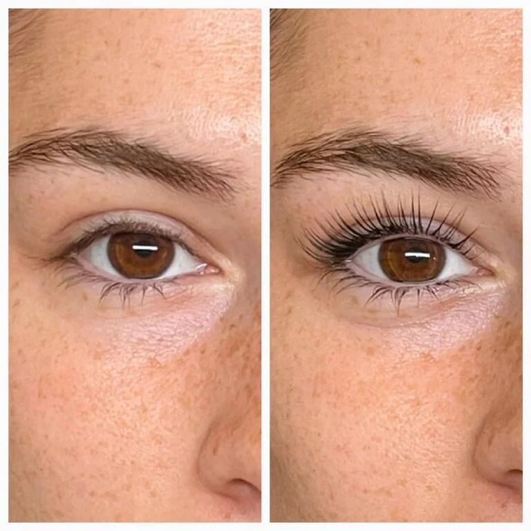 Rehaussement de cils avec teinture avant apres