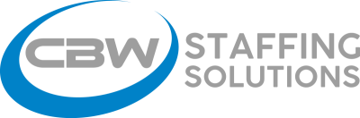 CBW Staffing Solutions logo with gray text and blue swoosh