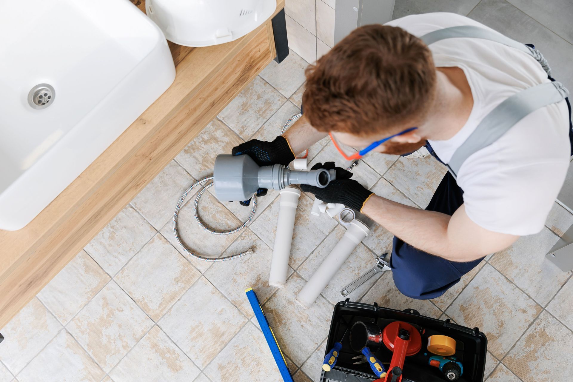 Plumber repairing a bathroom drain under a sink with tools on the floor