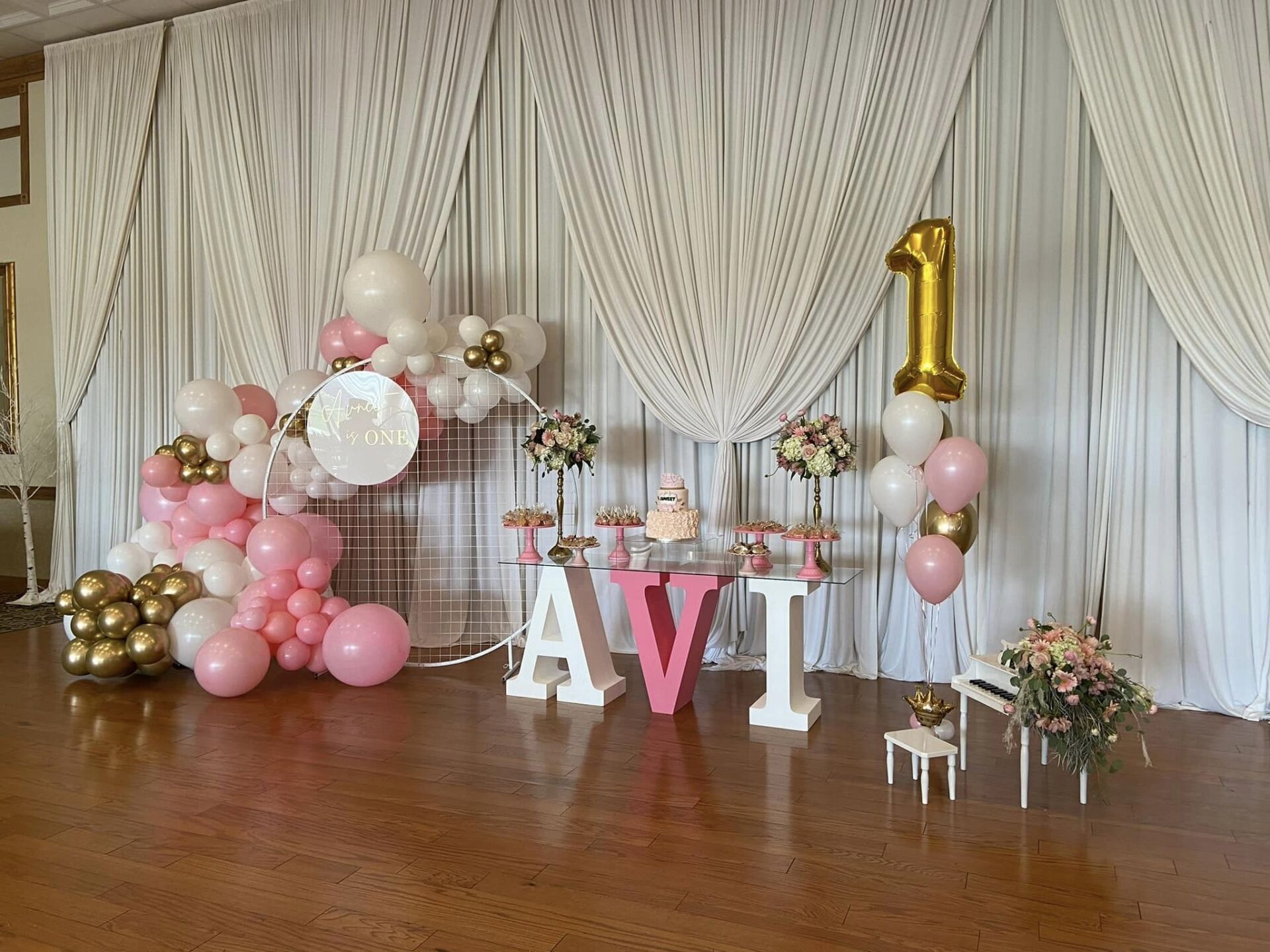 Angled arch boho pink and white girl Christening