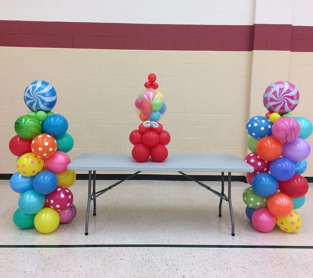 candy land balloon columns and small gumball machine