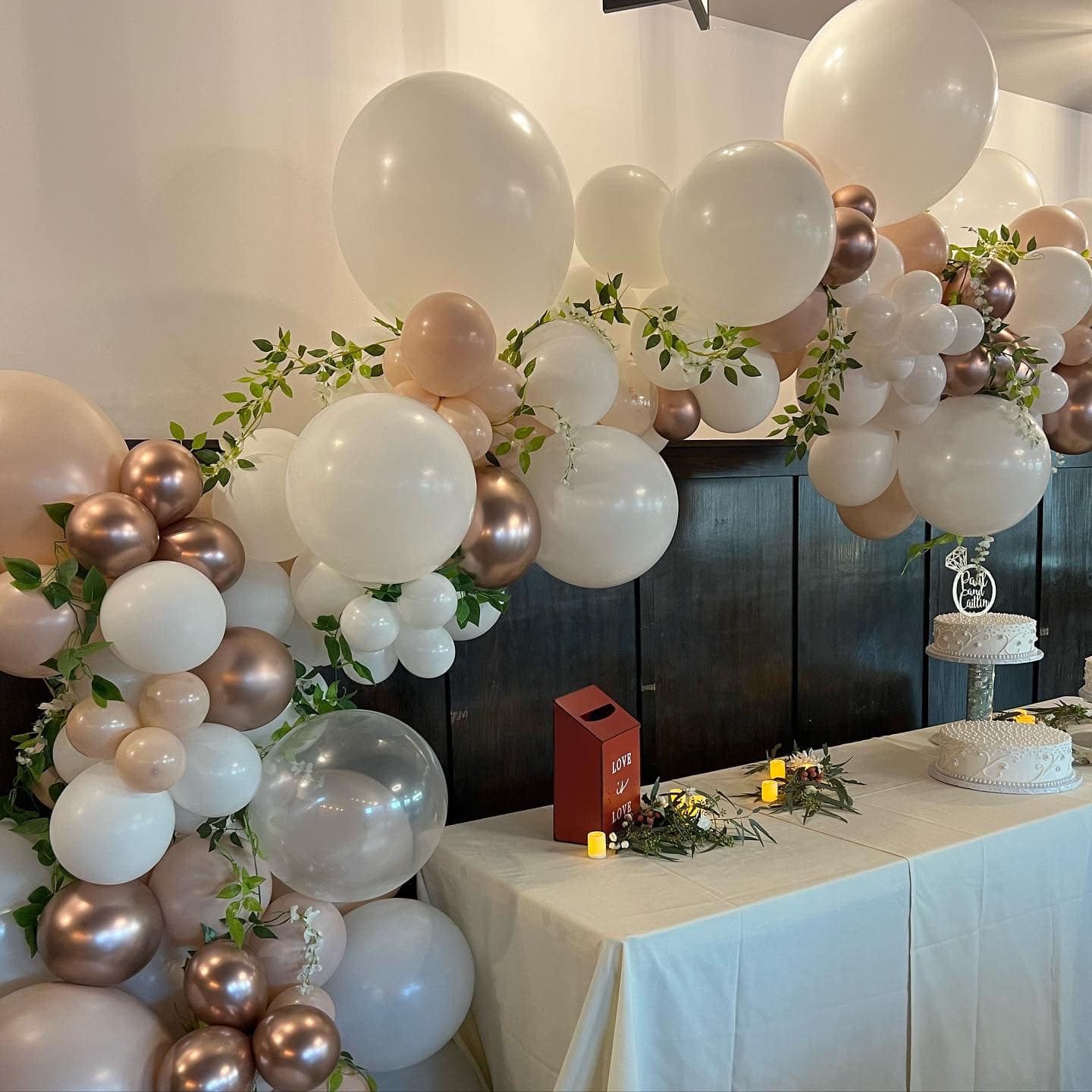 white and rose gold engagement party