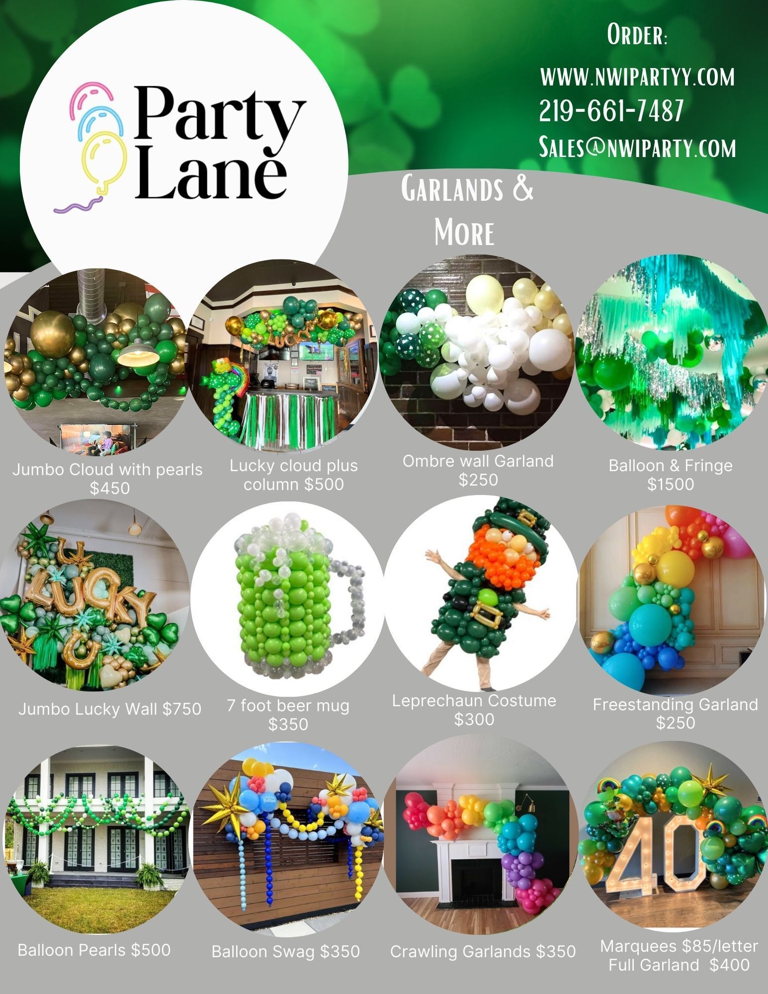 NWI Party St Patrick Day balloon costumes, garlands, and specialty items. Stand out with parade decorations such as party poles and backpacks. 
