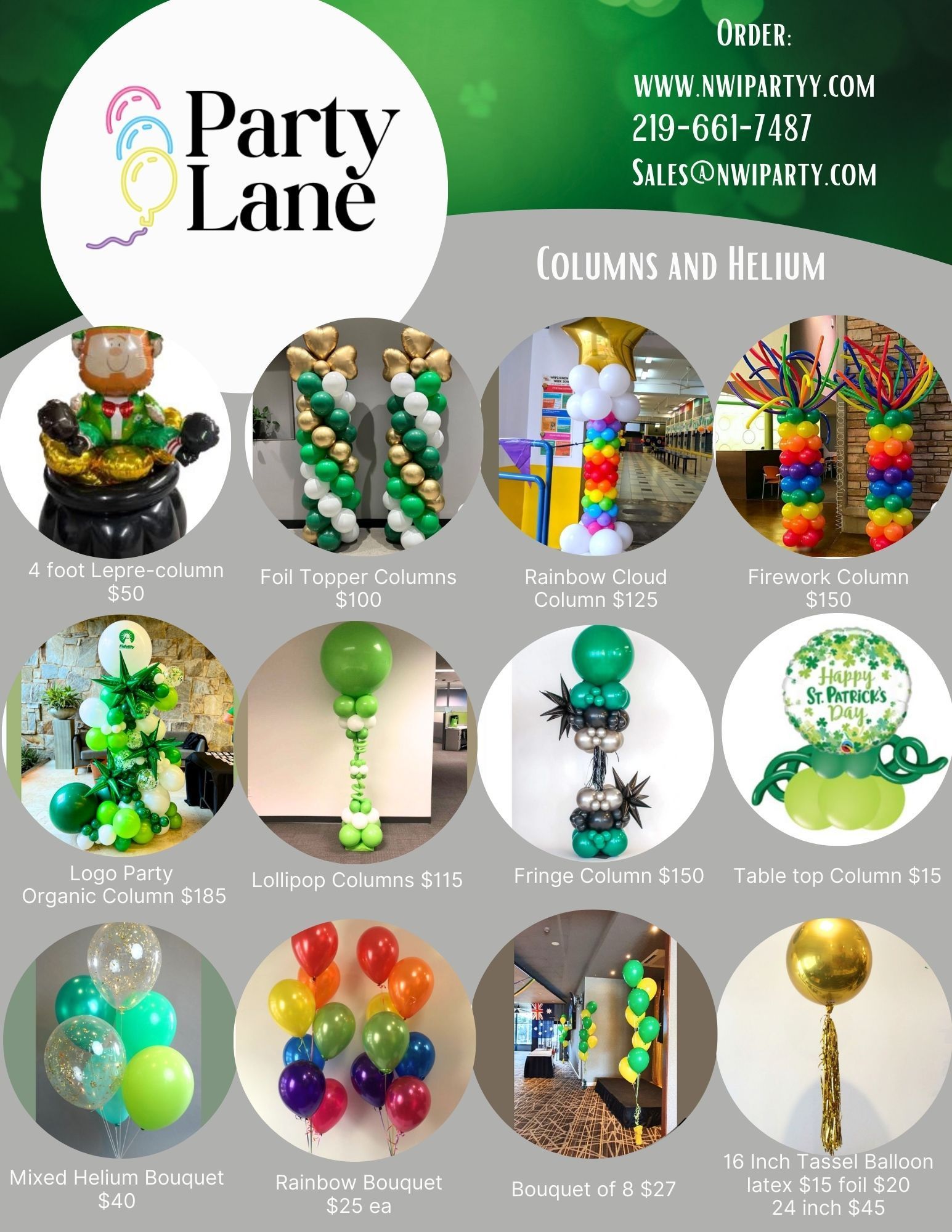 Party Lane offering balloon centerpieces, columns, and helium bouquets in Northwest Indiana for St Patricks Day