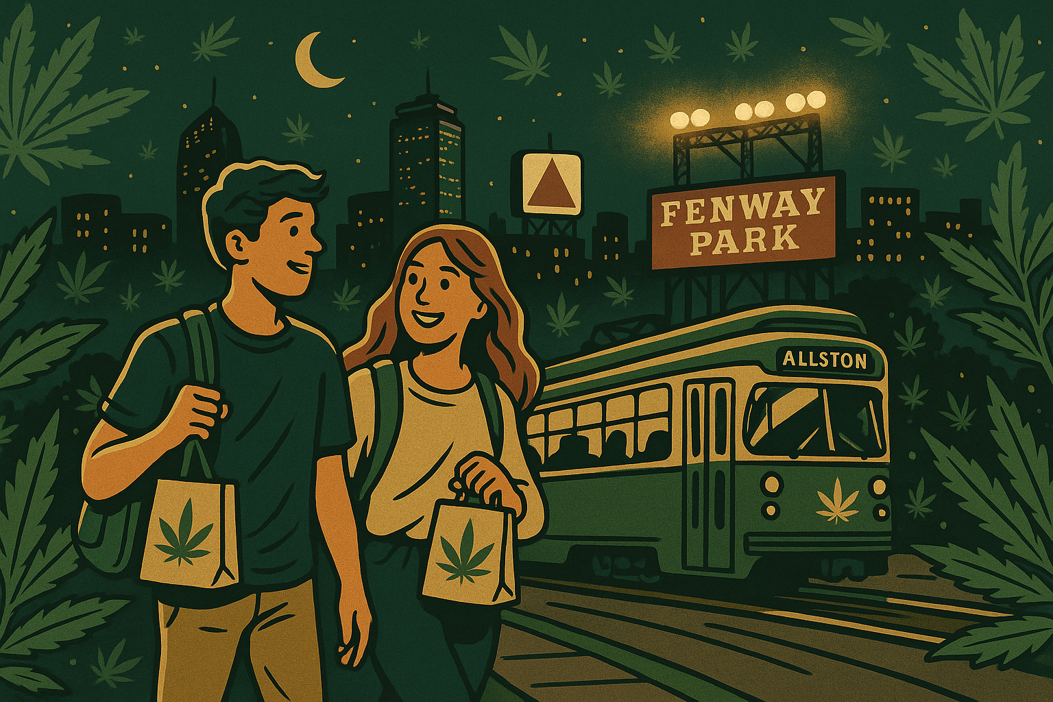 Allston dispensary products — flower, edibles, vapes at a Boston dispensary open late for pickup.