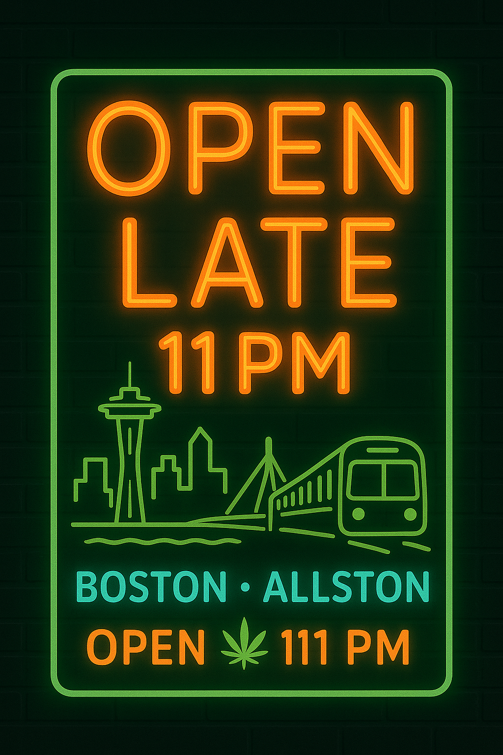 Boston Dispensary Open Late — city skyline at night with cannabis motif for Prolific Cannabis Allston.