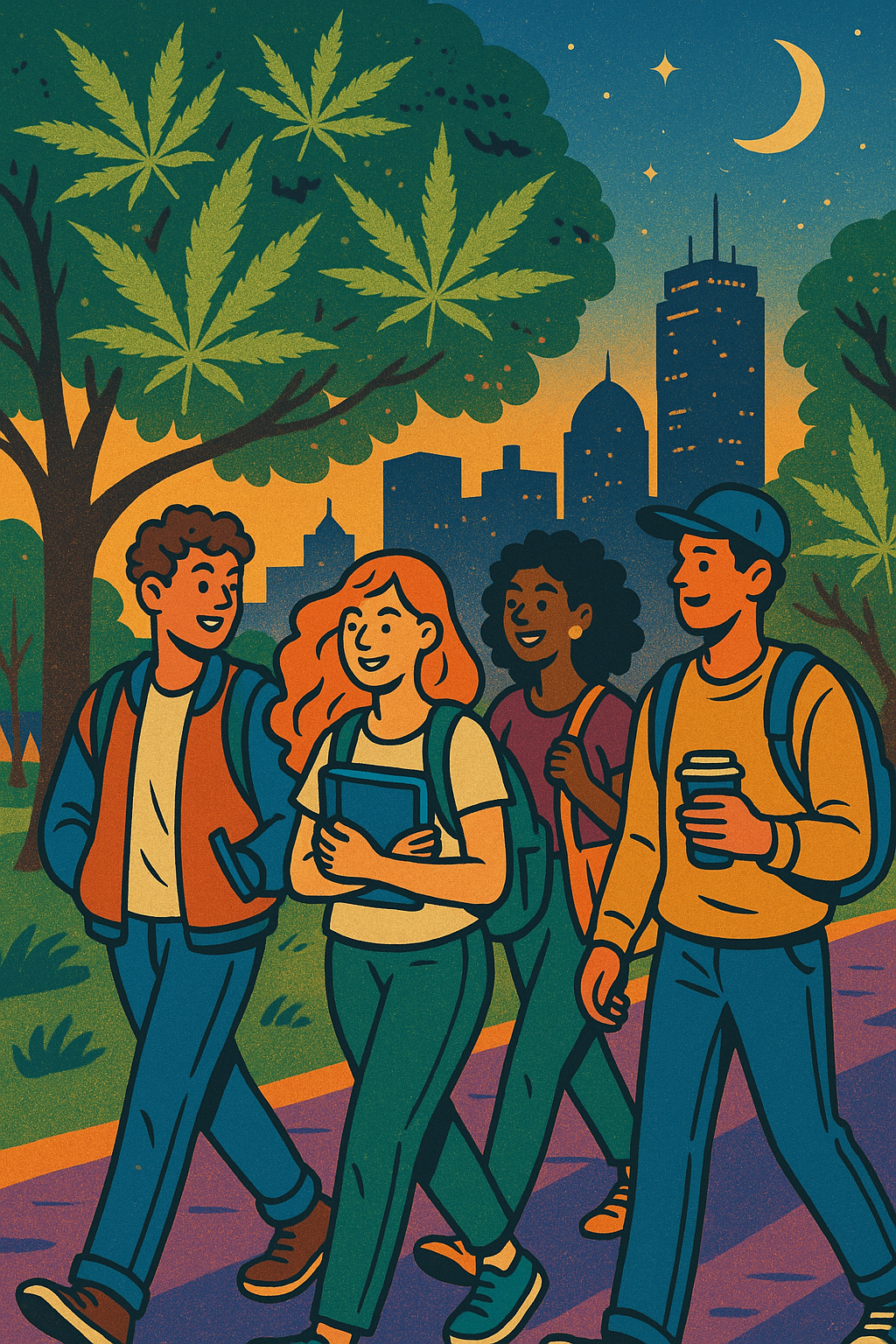 Students walking through Allston campus area near a “dispensary near me” with easy access to Prolific Cannabis.